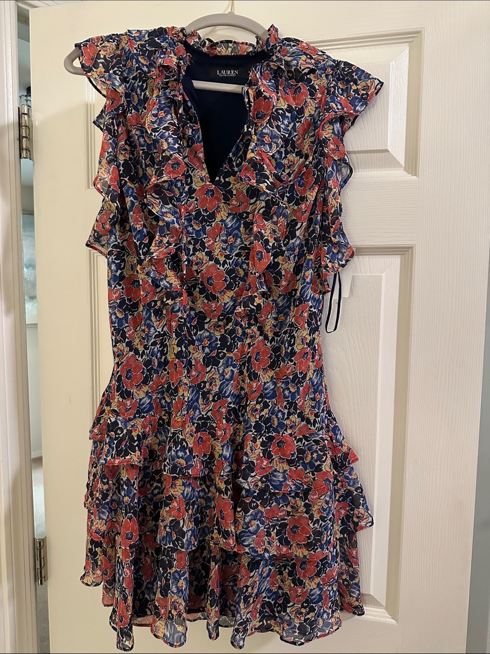 Lauren Ralph Lauren Navy Floral Ruffle Mini Dress with Red Accents